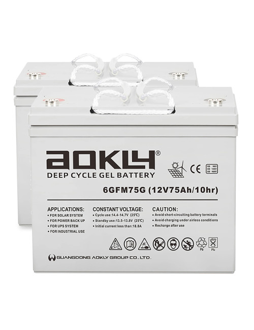 Pack 2 baterías de gel para silla de ruedas y scooter eléctrico de 12V 75Ah C10 ciclo profundo Aokly Power 6GFM75G - 2x6GFM75G -